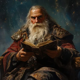 Wizard Portrait with Book and Celestial Background