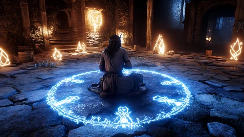 Glowing Circle Meditation in Ancient Chamber