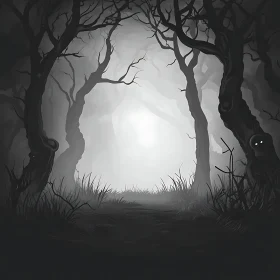 Haunted Forest Scene with Silhouetted Trees