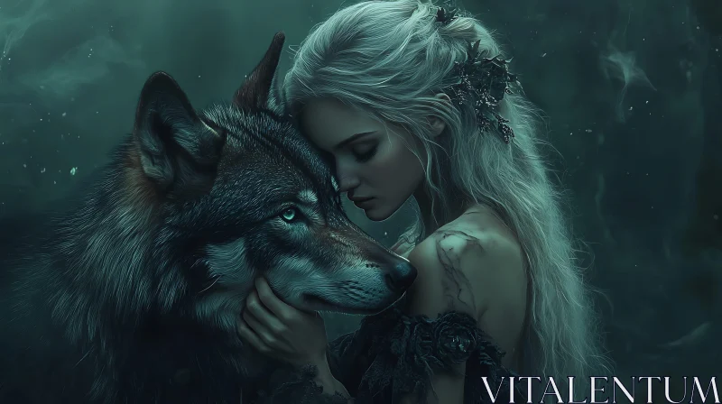 AI ART Mystical Embrace: Woman and Her Wolf