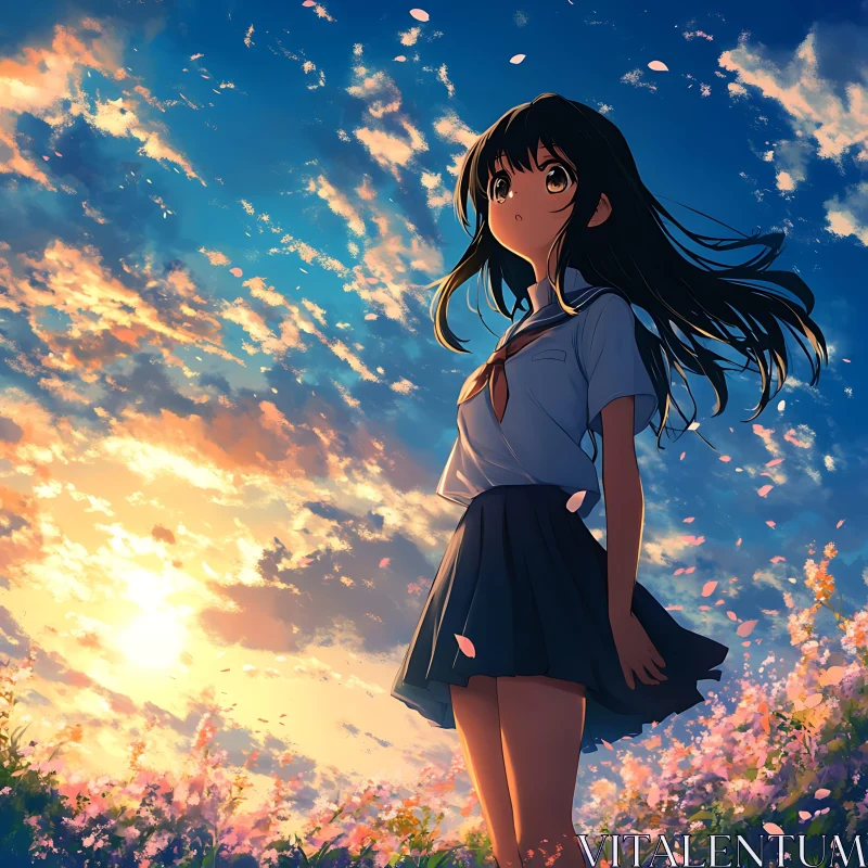 Girl in School Uniform in a Scenic Sunset AI Image