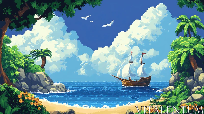 Pixelated Tropical Island Getaway at Sea AI Image