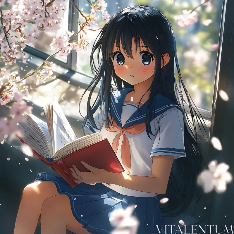 Serene Anime Girl Reading Amidst Cherry Blossoms AI Image