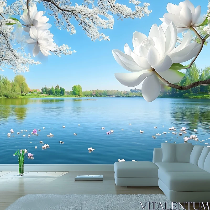 Tranquil Lake and Blossoms in Interior Setting AI Image