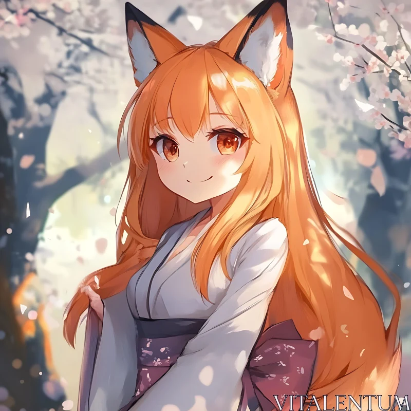 Kawaii Anime Foxgirl Amidst Blossoms AI Image