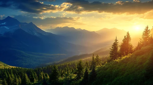 Sunlit Forest and Mountain View