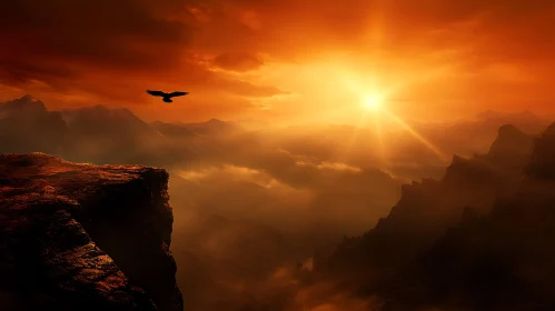 Bird Flying Over Mountain at Sunset