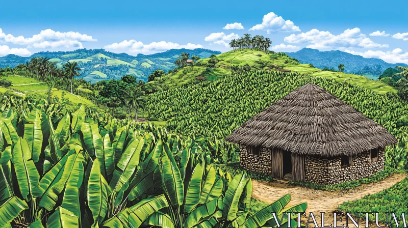 AI ART Tropical Landscape with Stone Hut and Banana Plantation