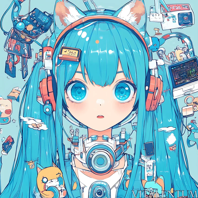 Tech-Savvy Anime Girl with Blue Hair AI Image