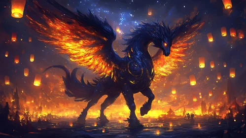 Winged Fire Horse Amidst Lantern Light