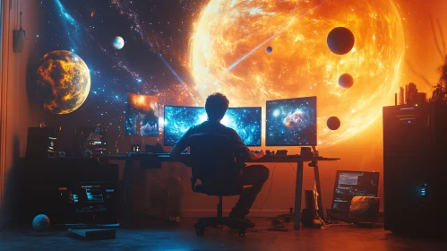 Celestial Office Setup with Space Imagery