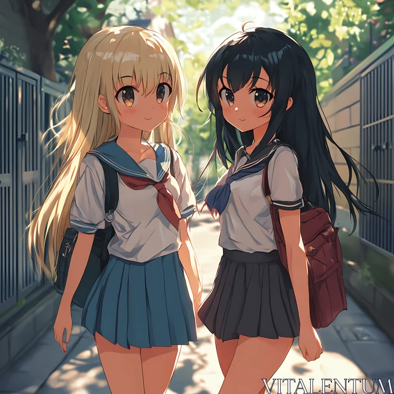 Sunlit Anime Schoolgirls with Backpacks AI Image