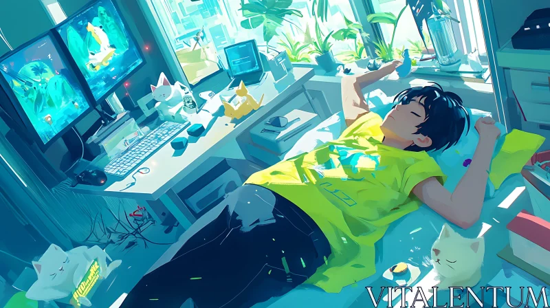 Peaceful Anime Scene with Gamer and Cats AI Image