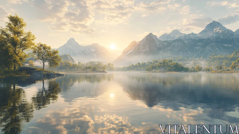 Peaceful Dawn at the Lake with Mountain Reflections AI Image