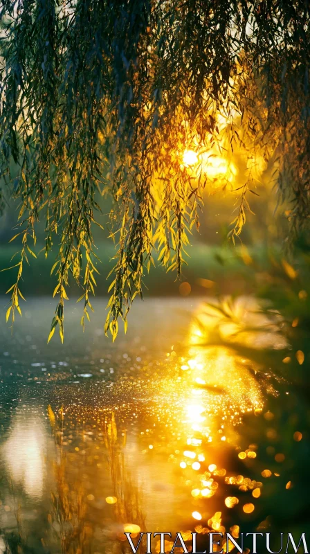 Golden Hour with Willow Leaves and Water Reflections AI Image