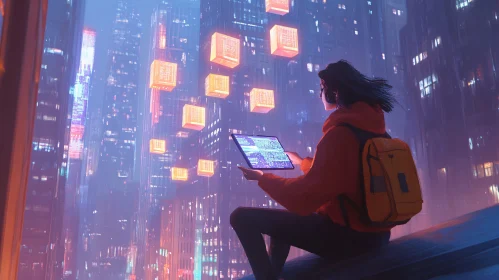 Coder in Futuristic Cityscape