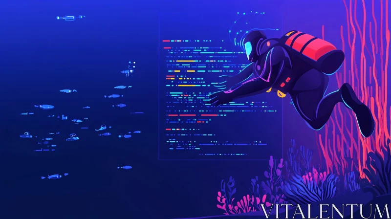 AI ART Neon Code Diver: Submerged Technology Art