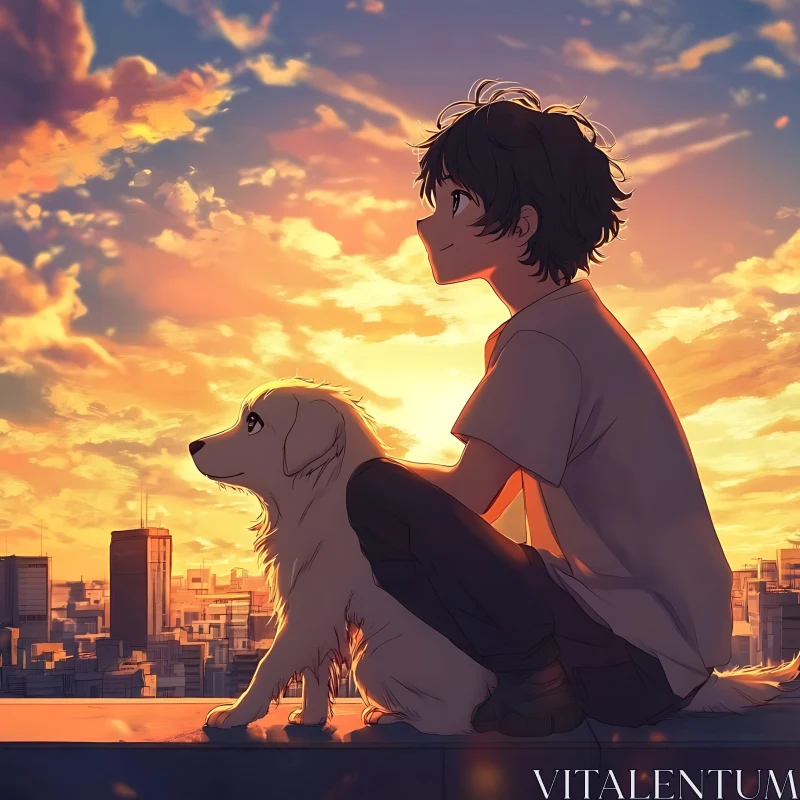 Anime Duo Gazing at Sunset Over City AI Image