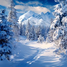 Snow Covered Trees and Mountain View