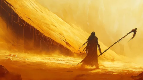 Cloaked Figure in Desert Landscape