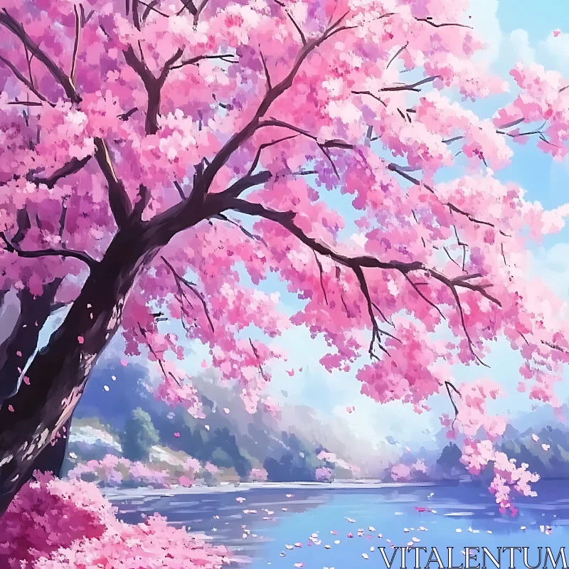 Serene Cherry Blossom Scene by a Lake AI Image