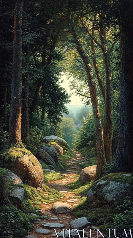 AI ART Sunlit Forest Trail with Lush Greenery