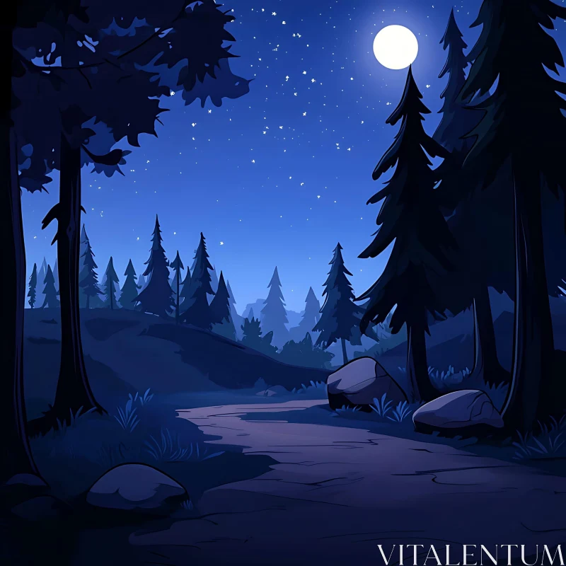 AI ART Moonlit Path in a Serene Forest