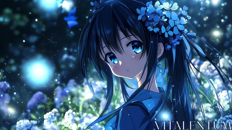 AI ART Anime Girl in Blue with Nighttime Glow