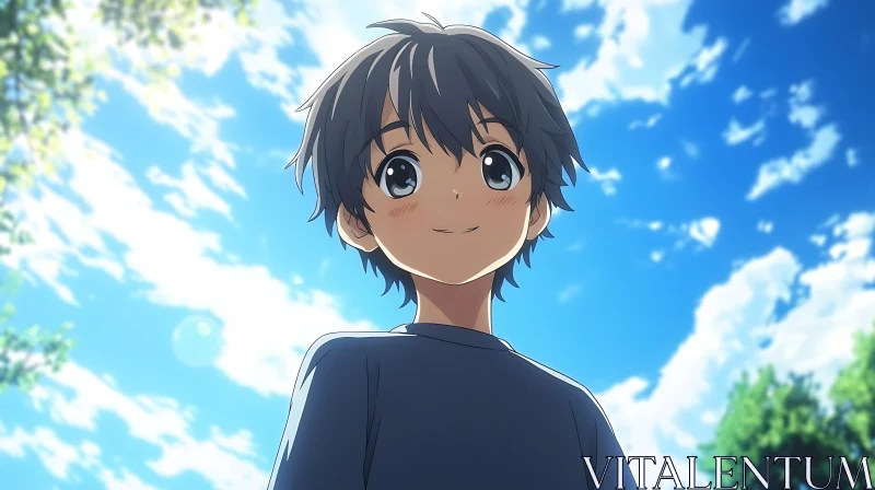 Smiling Anime Boy in a Natural Setting AI Image