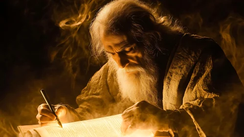 Old Man Writing on Scroll