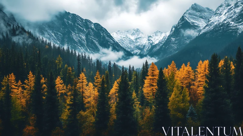 AI ART Snowy Peaks Above Autumnal Forest