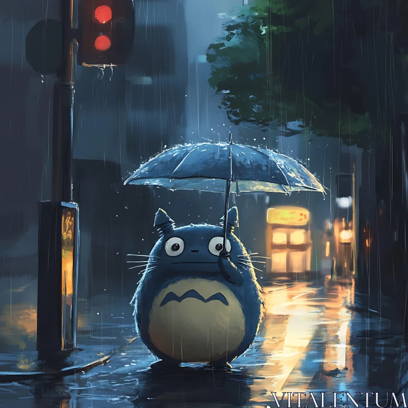 AI ART Charming Cartoon in Rain with Umbrella