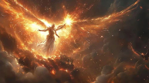 Fiery Angel Amidst Swirling Clouds