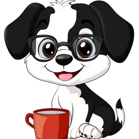 Cute Black & White Cartoon Puppy with Glasses