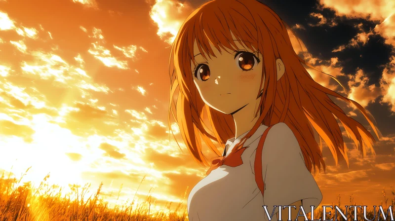 Sunset Serenity: Anime Girl in a Field AI Image