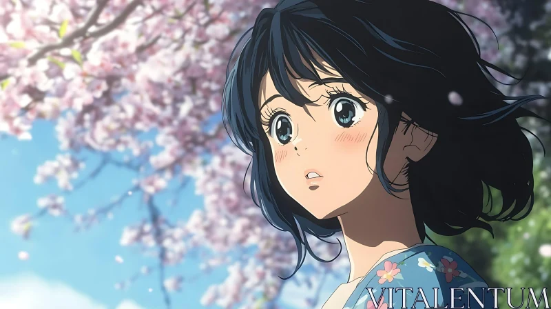 Anime Portrait of a Girl Amidst Cherry Blossoms AI Image