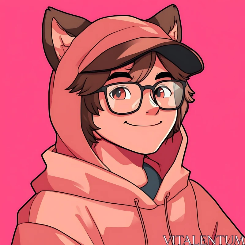 Cute Anime Character with Glasses and Cat-Eared Hoodie AI Image