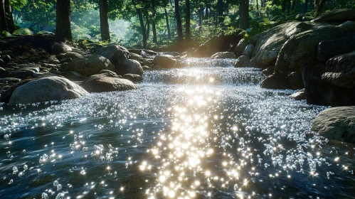 Glittering Stream in a Lush Forest