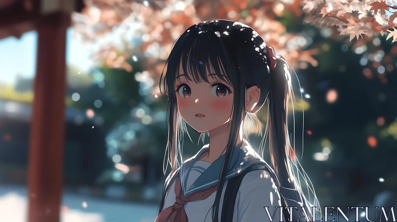 Cherry Blossom Season with Schoolgirl in Anime Style AI Image