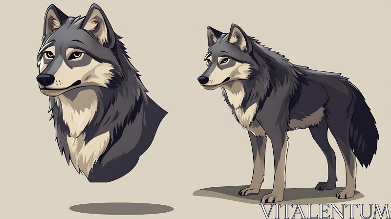 Illustrated Cartoon Wolf in Gray Tones AI Image