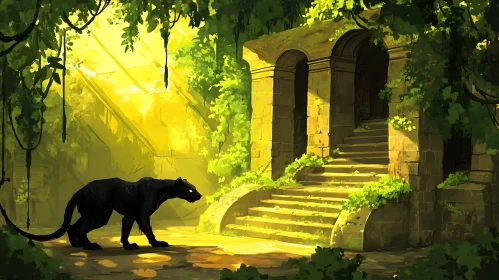 Black Panther at Ancient Ruins