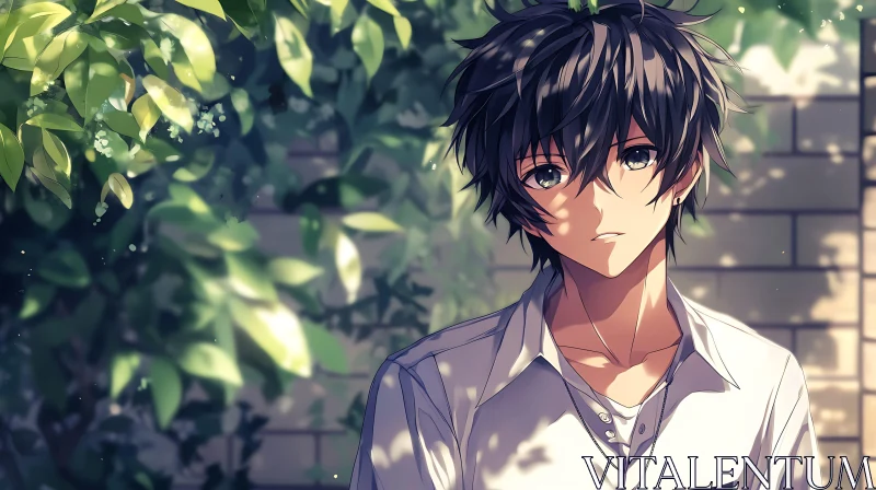 AI ART Contemplative Anime Boy Amidst Lush Greenery