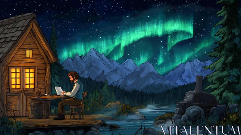 Cabin View with Aurora Borealis AI Image