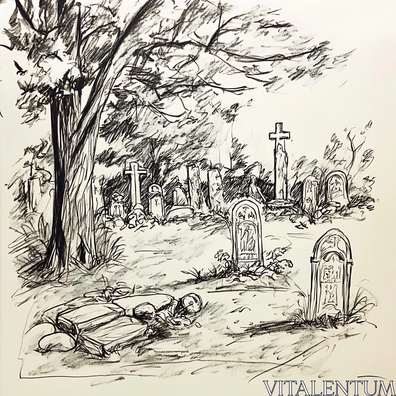 Monochrome Cemetery Sketch with Old Tombstones AI Image