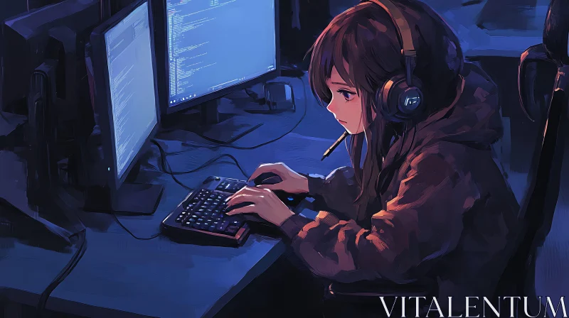 Anime Programmer Girl with Headphones AI Image