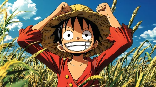 Joyful Anime Character in Wheat Field