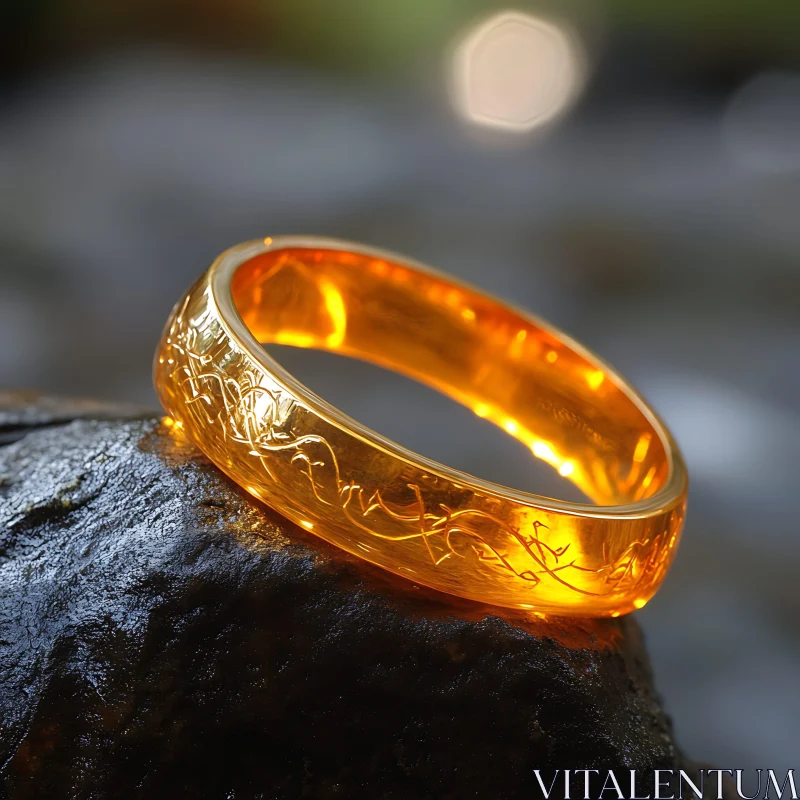 AI ART Elegant Engraved Golden Ring on Dark Rock