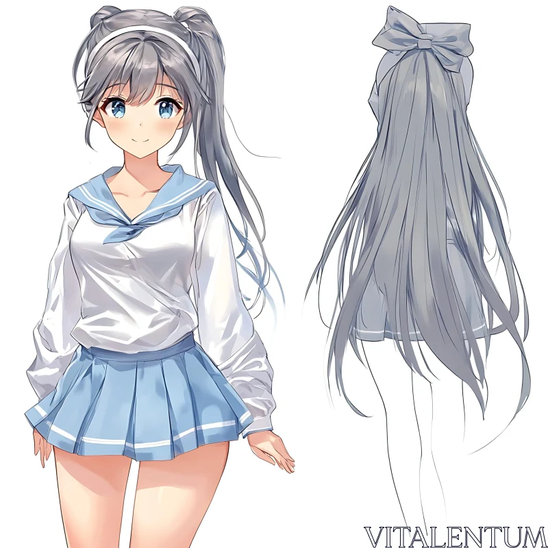 Anime Character in Light Blue School Uniform AI Image