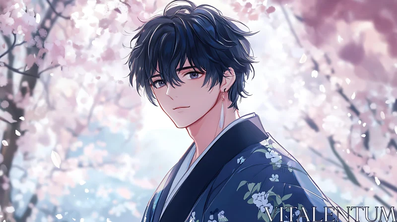 Springtime Anime Character with Cherry Blossoms AI Image