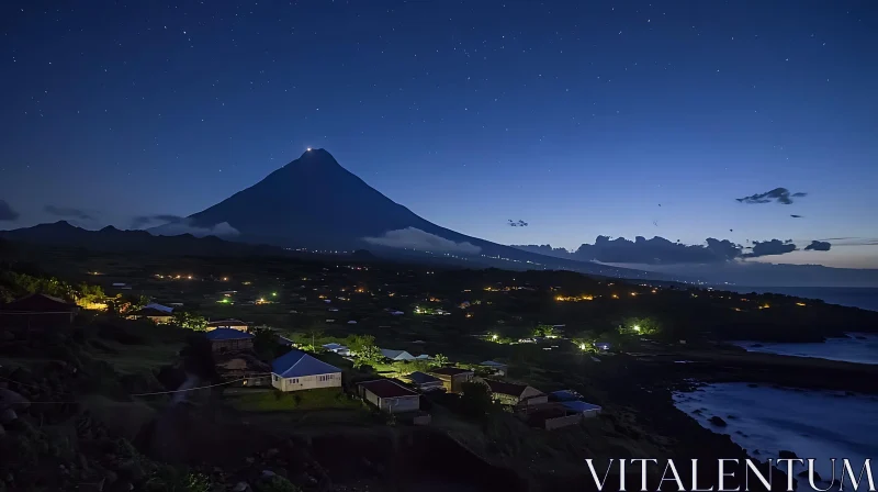 Nightscape with Mountain and Village Lights AI Image